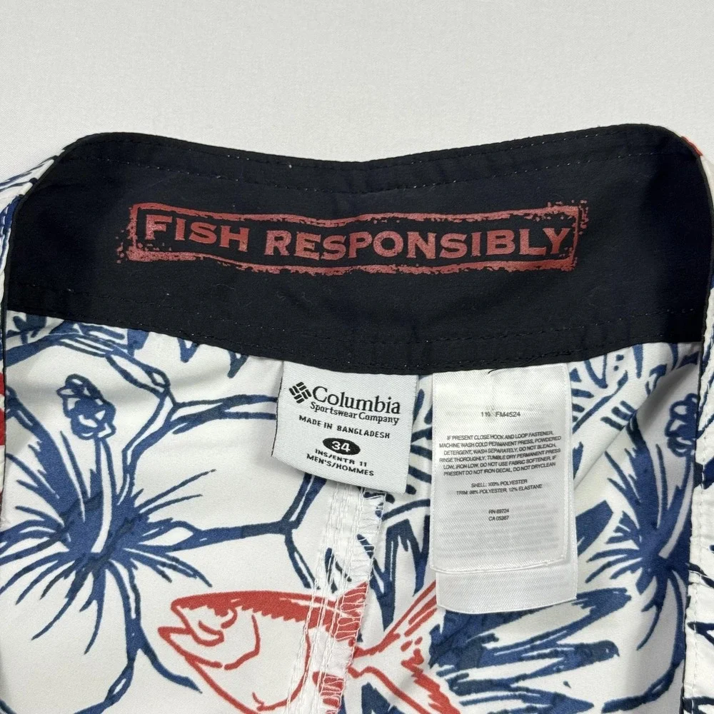 Columbia PFG Shorts Mens 34 White Fish Floral Omni Shade Board‎ Swim Trunks